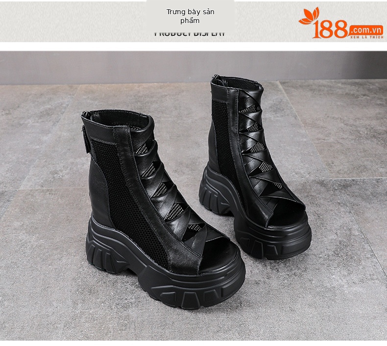Sandal cao gót nữ mũi hở đế platform 11 cm da bò thật kiểu La Mã — màu đen chi tiết 10