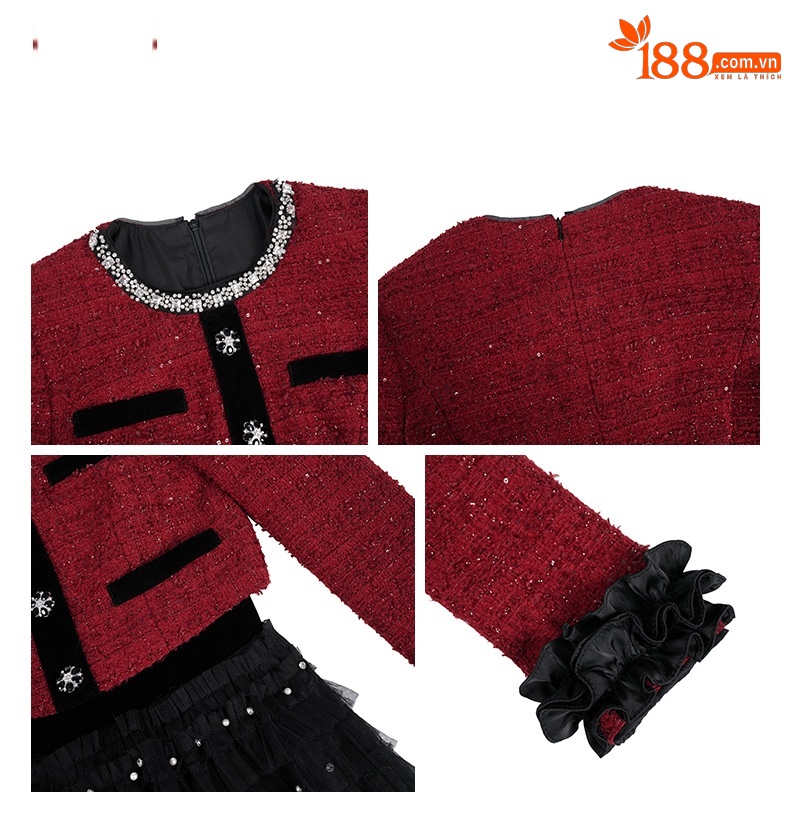 Đầm maxi nữ thắt eo phong cách tiểu thư, tay lỡ phối lưới voan xòe nhẹ — Đen đỏ chi tiết 1