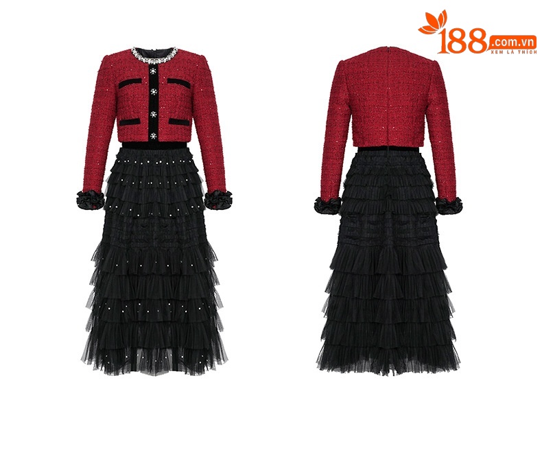 Đầm maxi nữ thắt eo phong cách tiểu thư, tay lỡ phối lưới voan xòe nhẹ — Đen đỏ chi tiết 2