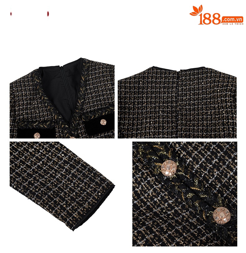 Đầm suông nữ midi phong cách cổ điển họa tiết kẻ ô phối eo — đen chi tiết 1