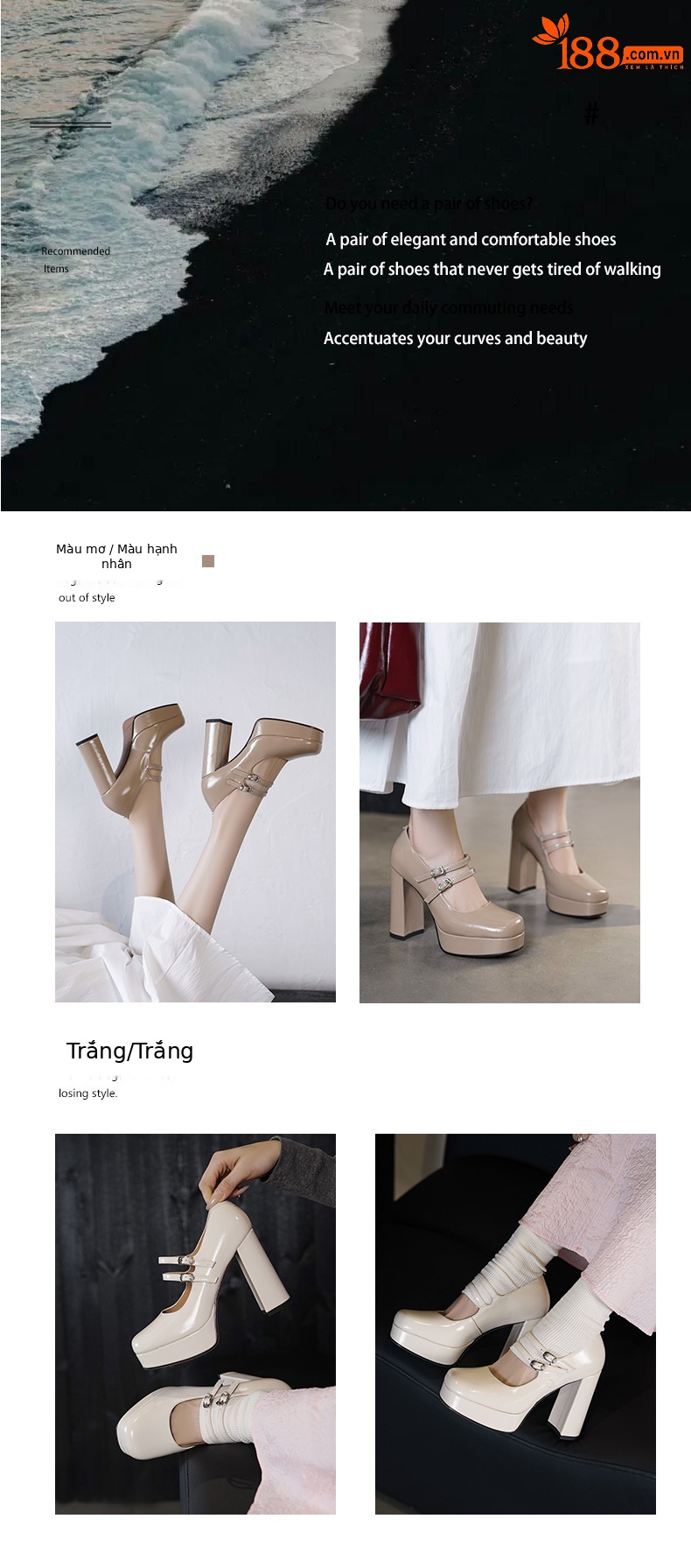 Giày cao gót nữ Mary Jane đế xuồng platform mũi vuông quai đôi khóa, gót 9 cm — màu trắng ngà, màu nude chi tiết 2