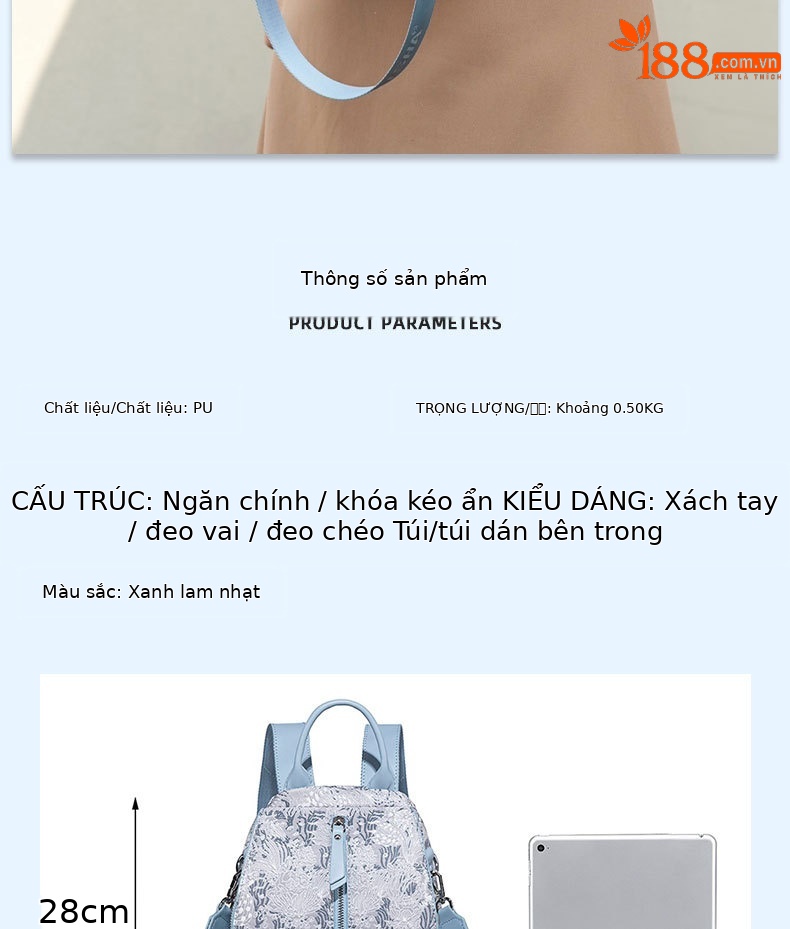 Ba lô nữ thêu họa tiết thiết kế mới xuân hè 2026, túi đeo chéo kiêm túi tote đựng laptop chi tiết 5