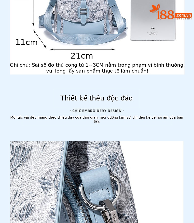 Ba lô nữ thêu họa tiết thiết kế mới xuân hè 2026, túi đeo chéo kiêm túi tote đựng laptop chi tiết 6