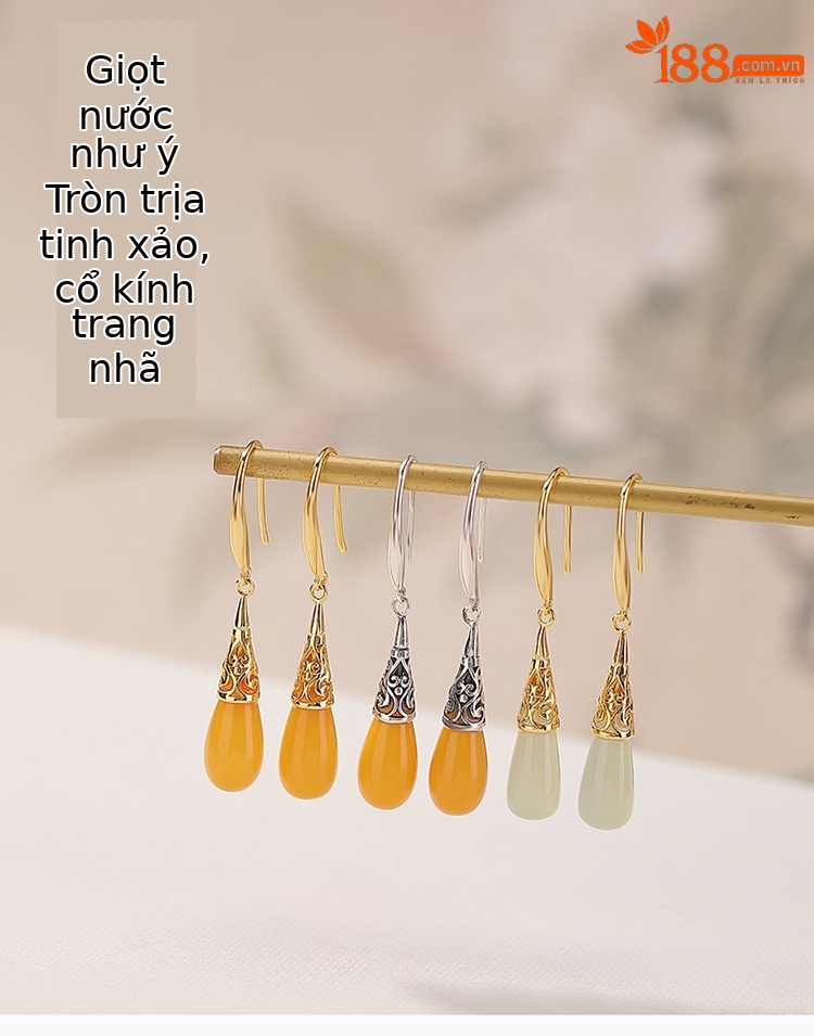 Khuyên tai nữ bạc S925 mạ vàng đính đá hổ phách hình giọt nước phong cách dân tộc — Màu bạc hổ phách chi tiết 1