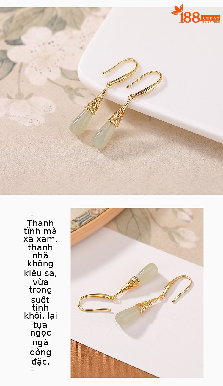 Khuyên tai nữ bạc S925 mạ vàng đính đá hổ phách hình giọt nước phong cách dân tộc — Màu bạc hổ phách chi tiết 3