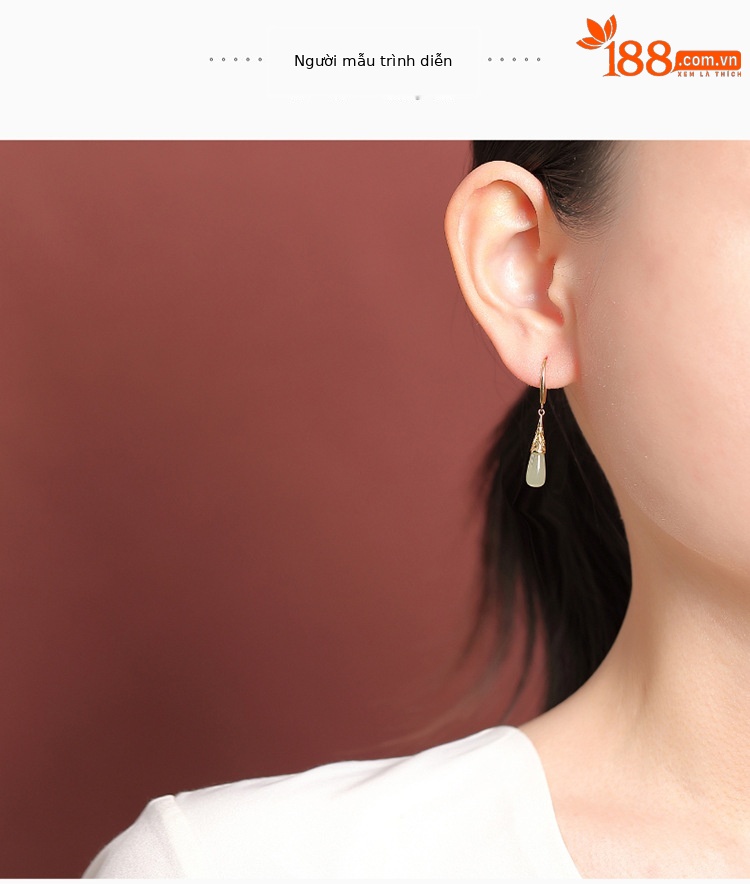 Khuyên tai nữ bạc S925 mạ vàng đính đá hổ phách hình giọt nước phong cách dân tộc — Màu bạc hổ phách chi tiết 7