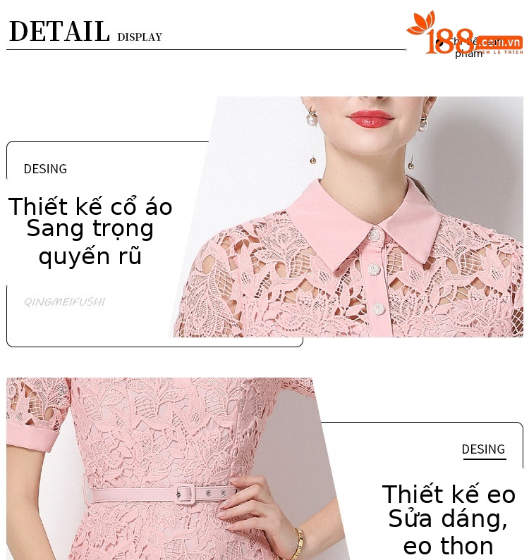 Đầm ren hòa tan cổ ve Pháp nữ thắt eo dáng dài mùa hè — màu hồng, màu trắng, màu vàng chi tiết 12
