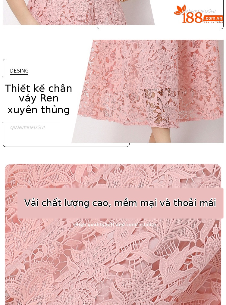 Đầm ren hòa tan cổ ve Pháp nữ thắt eo dáng dài mùa hè — màu hồng, màu trắng, màu vàng chi tiết 13