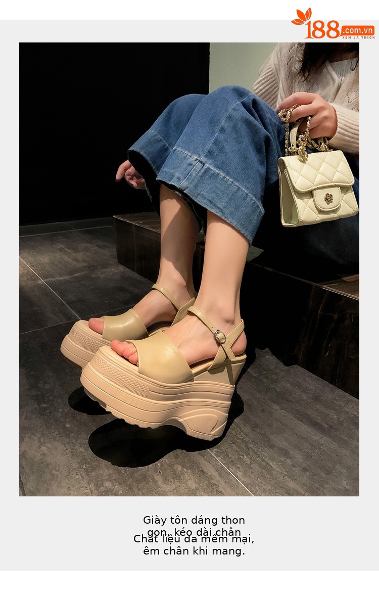 Sandal nữ đế dày da bò cao gót 14 cm phong cách La Mã — màu đen, màu trắng, màu mơ chi tiết 3