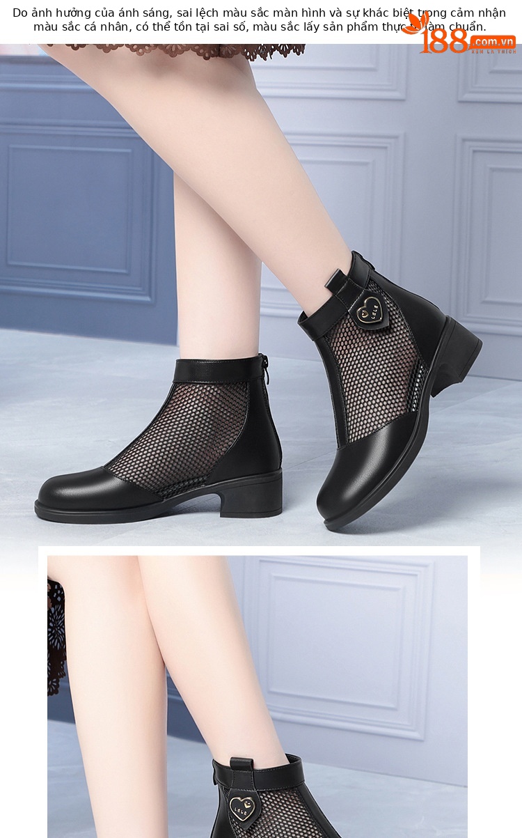 Boot nữ cổ thấp da lưới gót thấp thoáng khí, đế thô chắc chắn — màu đen chi tiết 8