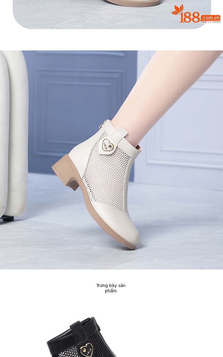 Boot nữ cổ thấp da lưới gót thấp thoáng khí, đế thô chắc chắn — màu đen chi tiết 14