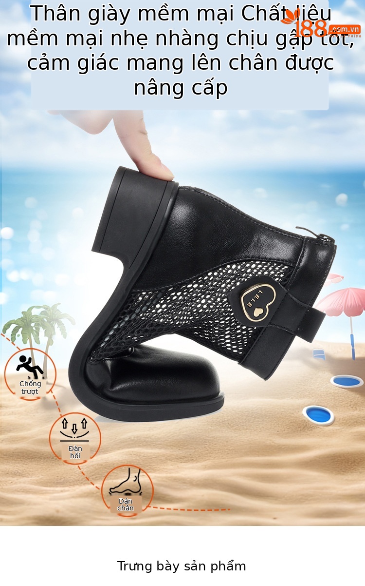Boot nữ cổ thấp da lưới gót thấp thoáng khí, đế thô chắc chắn — màu đen chi tiết 7