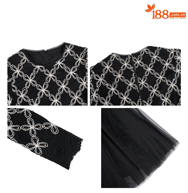 Đầm nữ cổ tròn ren thêu sequin thắt eo lưới midi — đen chi tiết 1