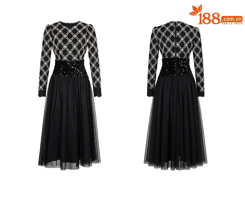 Đầm nữ cổ tròn ren thêu sequin thắt eo lưới midi — đen chi tiết 2