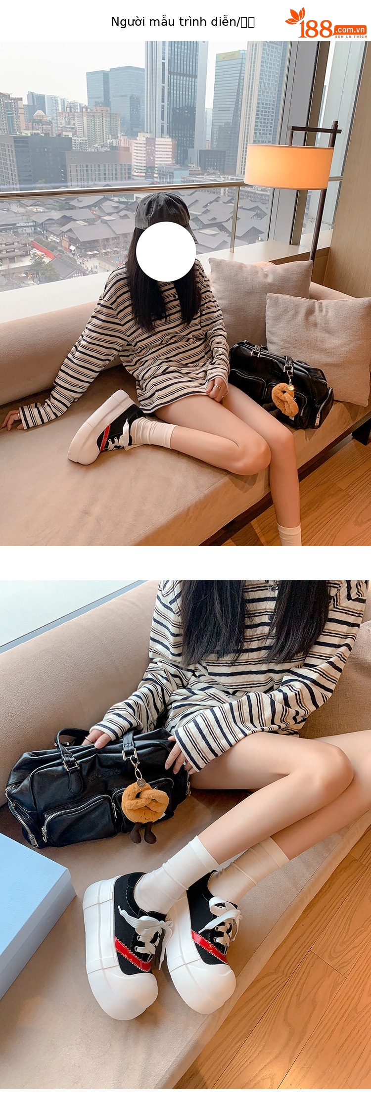Giày sneaker nữ chunky đế dày tăng chiều cao, phối màu cổ điển — màu đen, màu trắng chi tiết 8