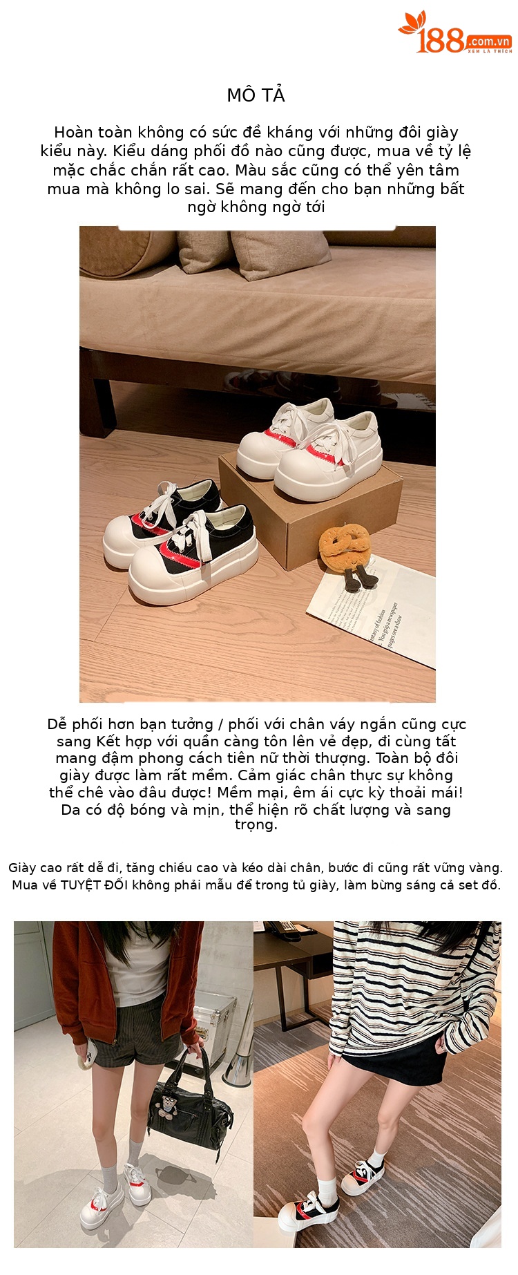 Giày sneaker nữ chunky đế dày tăng chiều cao, phối màu cổ điển — màu đen, màu trắng chi tiết 2