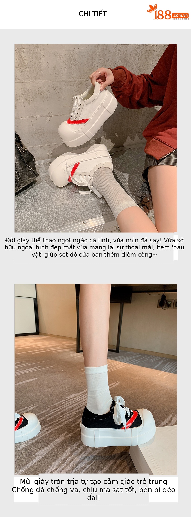 Giày sneaker nữ chunky đế dày tăng chiều cao, phối màu cổ điển — màu đen, màu trắng chi tiết 5