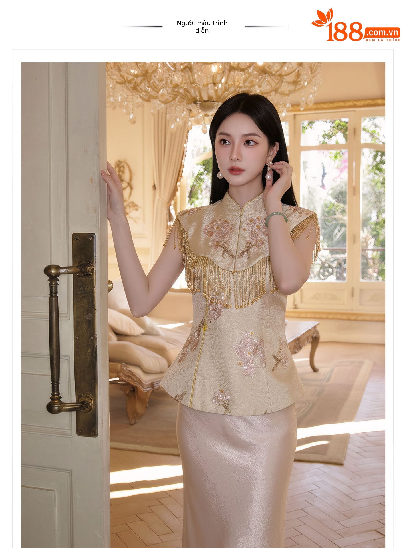 Bộ váy nữ phong cách Trung Hoa mới gồm áo choàng vai, áo khoác gile và chân váy nửa dài, họa tiết thêu hoa văn, tua rua — Mây vai, Trang chủ, Champagne màu nửa váy chi tiết 1