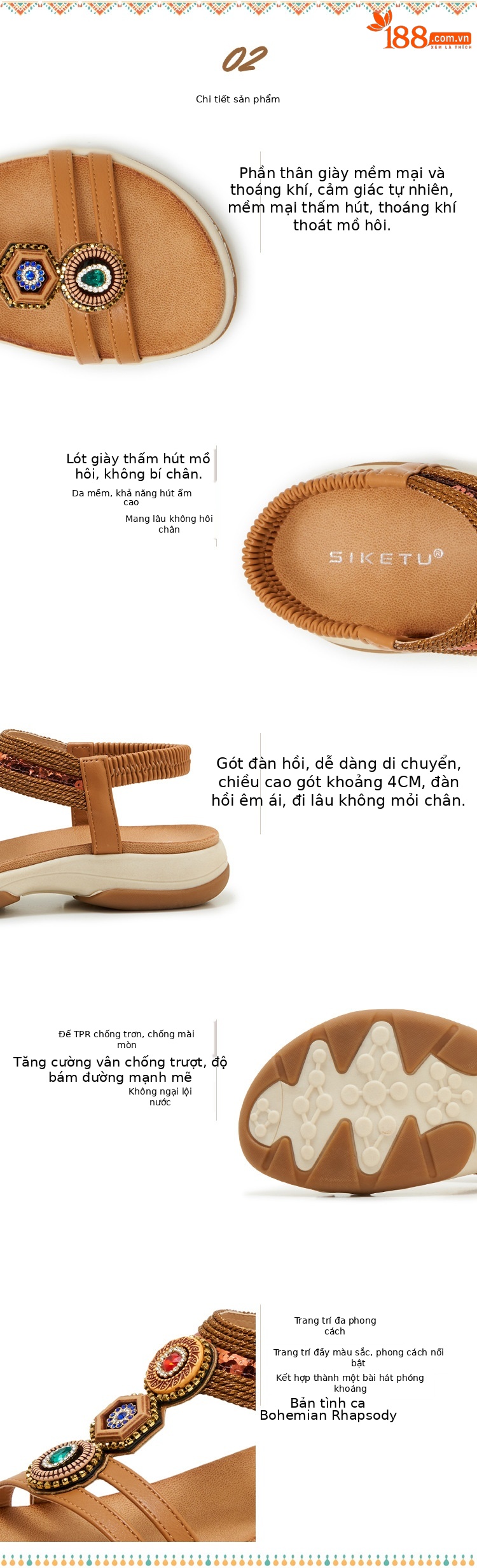 Sandal nữ đế xuồng platform phối đá màu cổ điển phong cách Amazon — màu nâu, Champagne màu, màu đen chi tiết 3