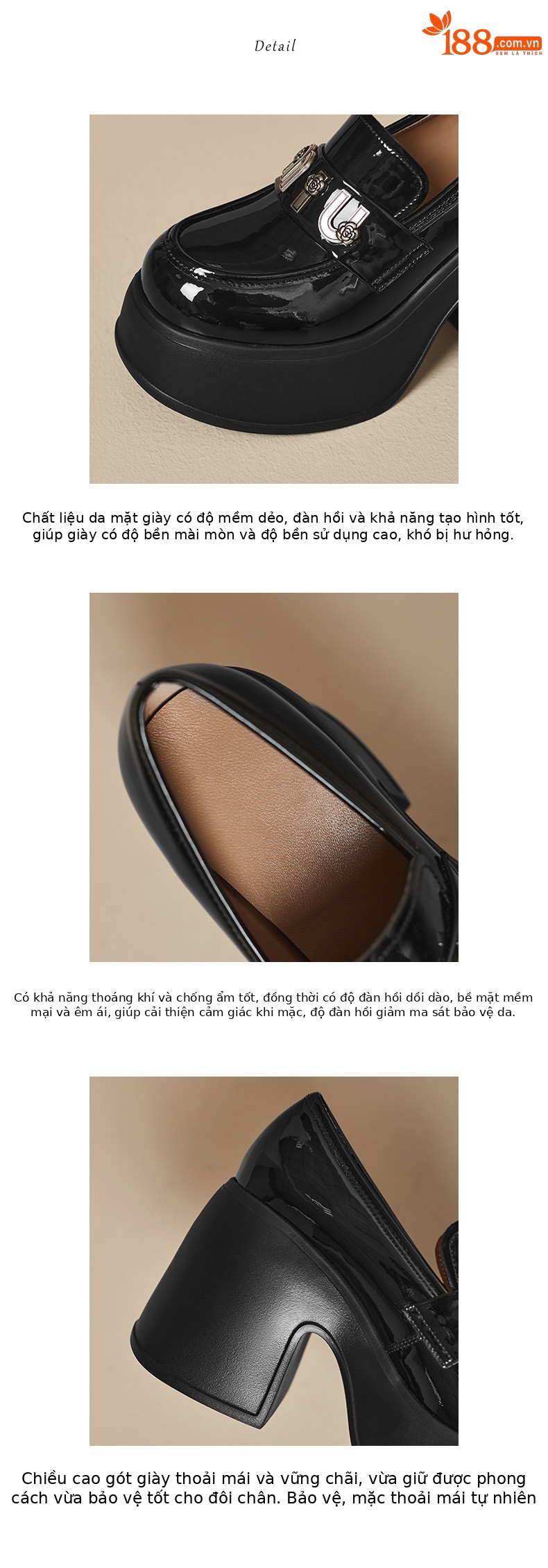 Giày loafer nữ cao gót đế xuồng phong cách Anh quốc, mũi nhọn, chất liệu sơn bóng, gót 6 cm — màu đen, màu trắng ngà chi tiết 4