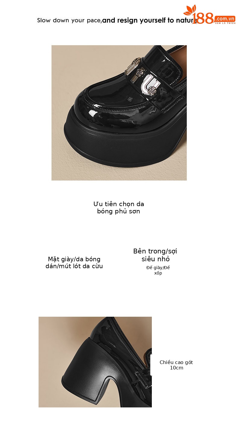 Giày loafer nữ cao gót đế xuồng phong cách Anh quốc, mũi nhọn, chất liệu sơn bóng, gót 6 cm — màu đen, màu trắng ngà chi tiết 3