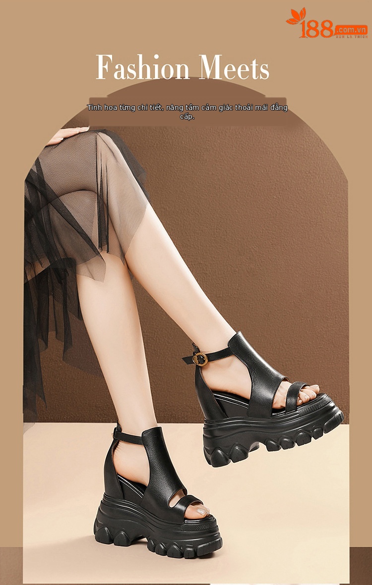 Giày sandal cao gót nữ hở mũi phong cách La Mã, đế xuồng cao 14 cm, da thật, gót vuông, quai mảnh — màu nâu, màu đen chi tiết 1