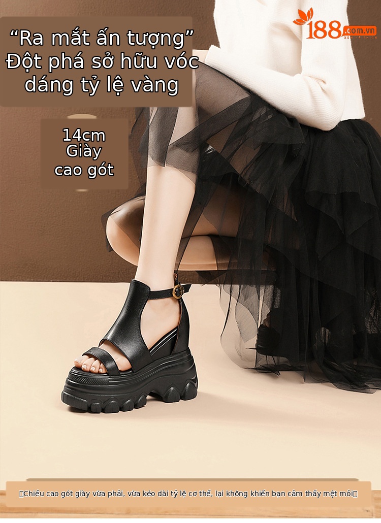 Giày sandal cao gót nữ hở mũi phong cách La Mã, đế xuồng cao 14 cm, da thật, gót vuông, quai mảnh — màu nâu, màu đen chi tiết 2