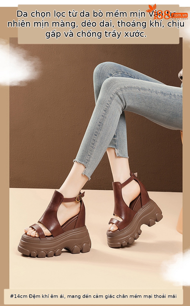 Giày sandal cao gót nữ hở mũi phong cách La Mã, đế xuồng cao 14 cm, da thật, gót vuông, quai mảnh — màu nâu, màu đen chi tiết 4
