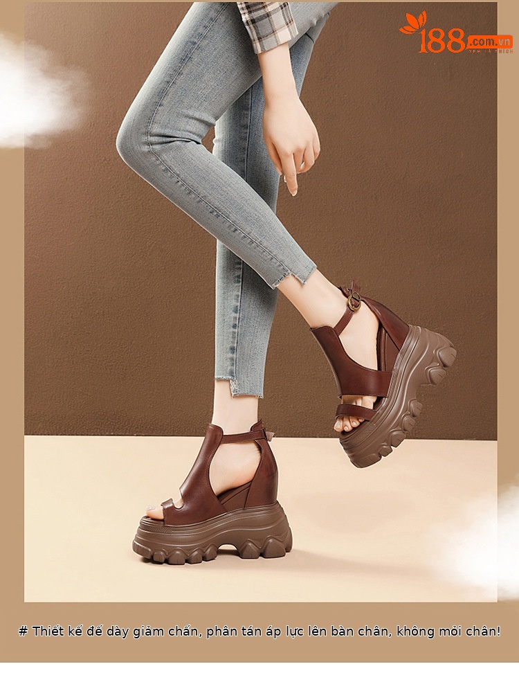 Giày sandal cao gót nữ hở mũi phong cách La Mã, đế xuồng cao 14 cm, da thật, gót vuông, quai mảnh — màu nâu, màu đen chi tiết 5