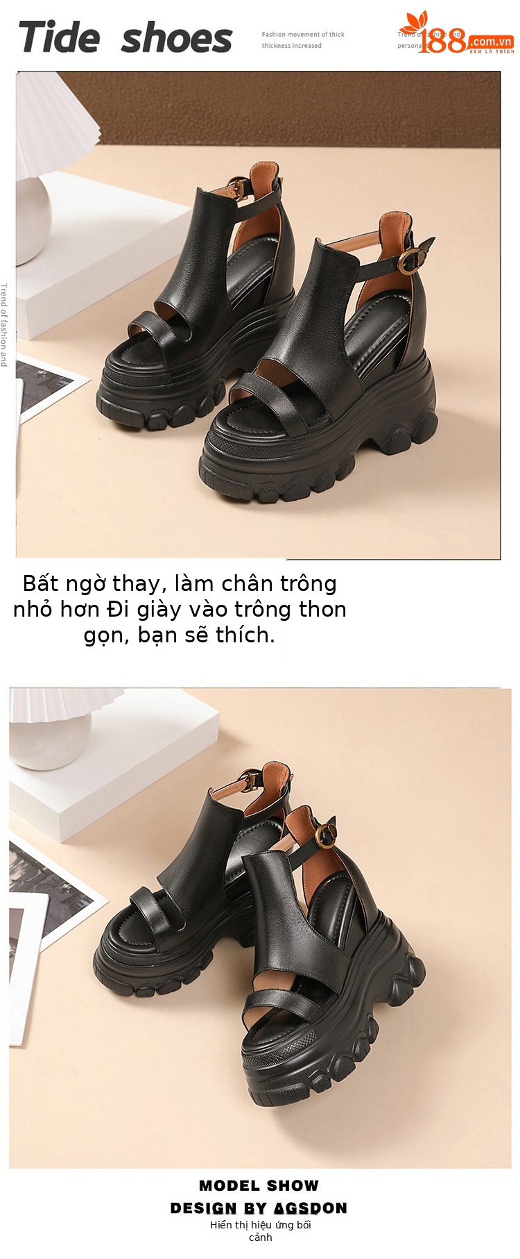 Giày sandal cao gót nữ hở mũi phong cách La Mã, đế xuồng cao 14 cm, da thật, gót vuông, quai mảnh — màu nâu, màu đen chi tiết 7