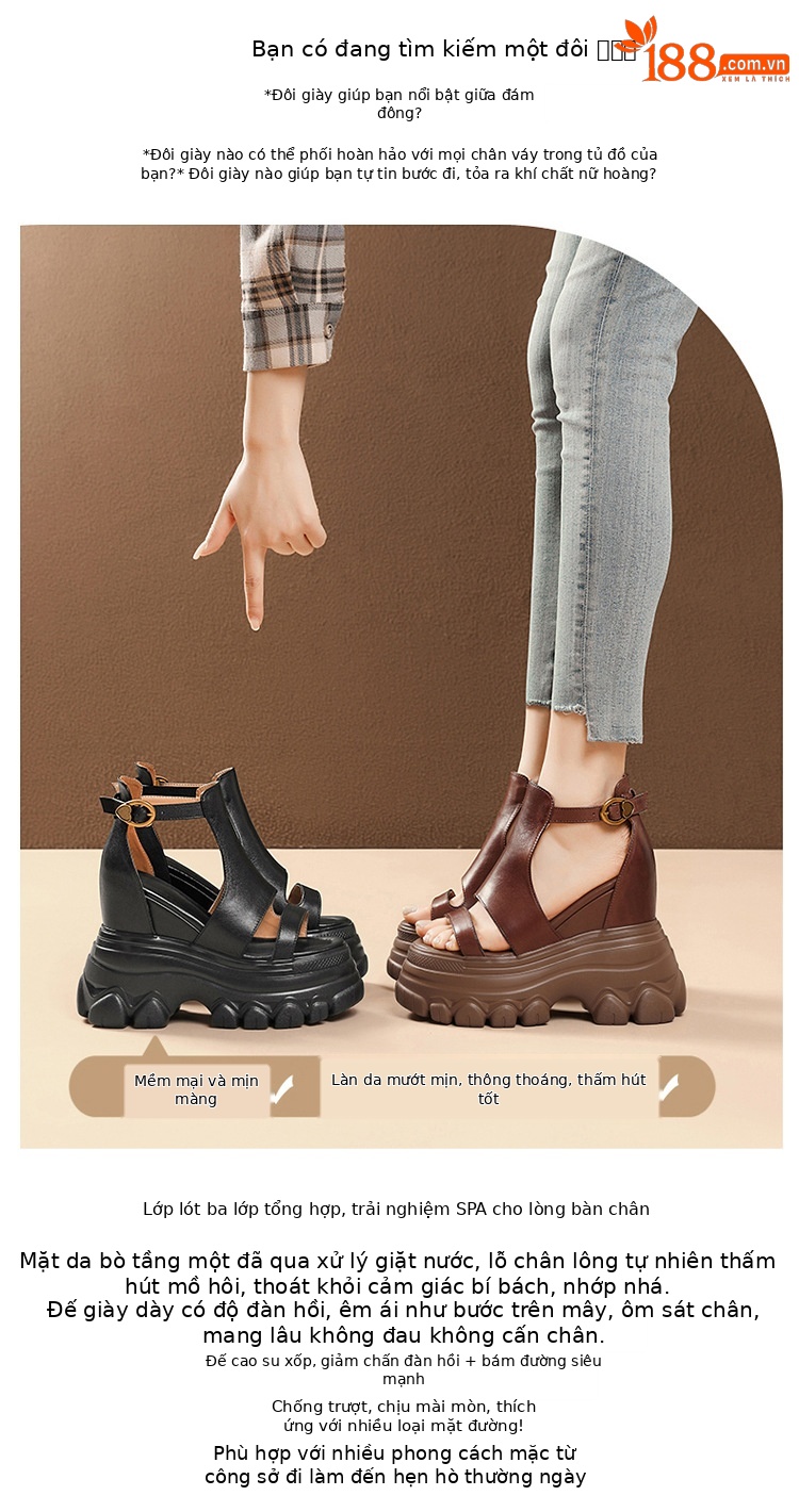 Giày sandal cao gót nữ hở mũi phong cách La Mã, đế xuồng cao 14 cm, da thật, gót vuông, quai mảnh — màu nâu, màu đen chi tiết 3