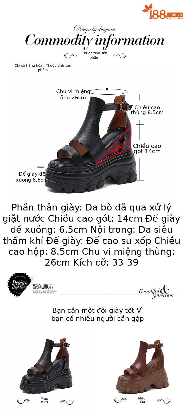 Giày sandal cao gót nữ hở mũi phong cách La Mã, đế xuồng cao 14 cm, da thật, gót vuông, quai mảnh — màu nâu, màu đen chi tiết 6