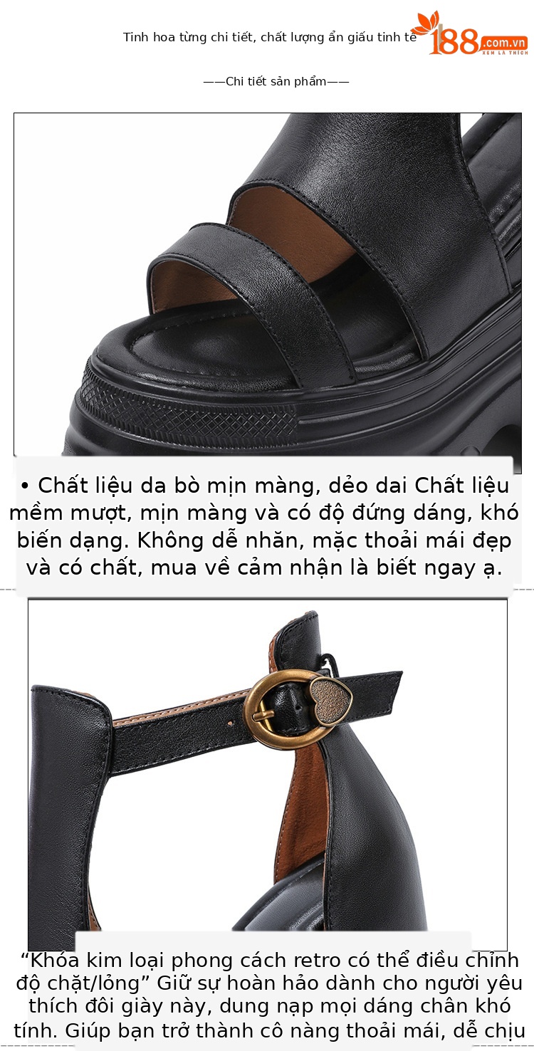 Giày sandal cao gót nữ hở mũi phong cách La Mã, đế xuồng cao 14 cm, da thật, gót vuông, quai mảnh — màu nâu, màu đen chi tiết 15