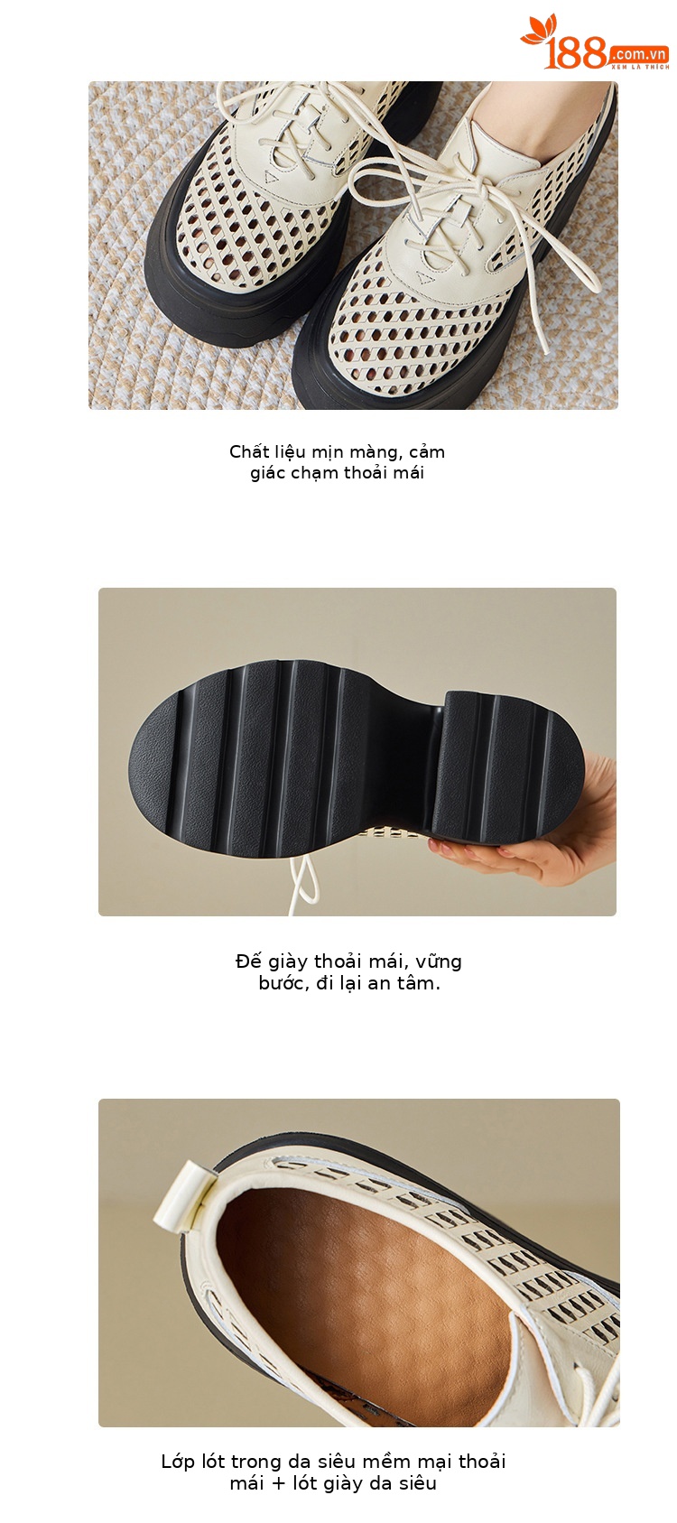 Giày loafer nữ gót cao đế xuồng platform da bò thật, phong cách hở mũi buộc dây thoáng khí — màu đen, màu trắng, màu đỏ chi tiết 5