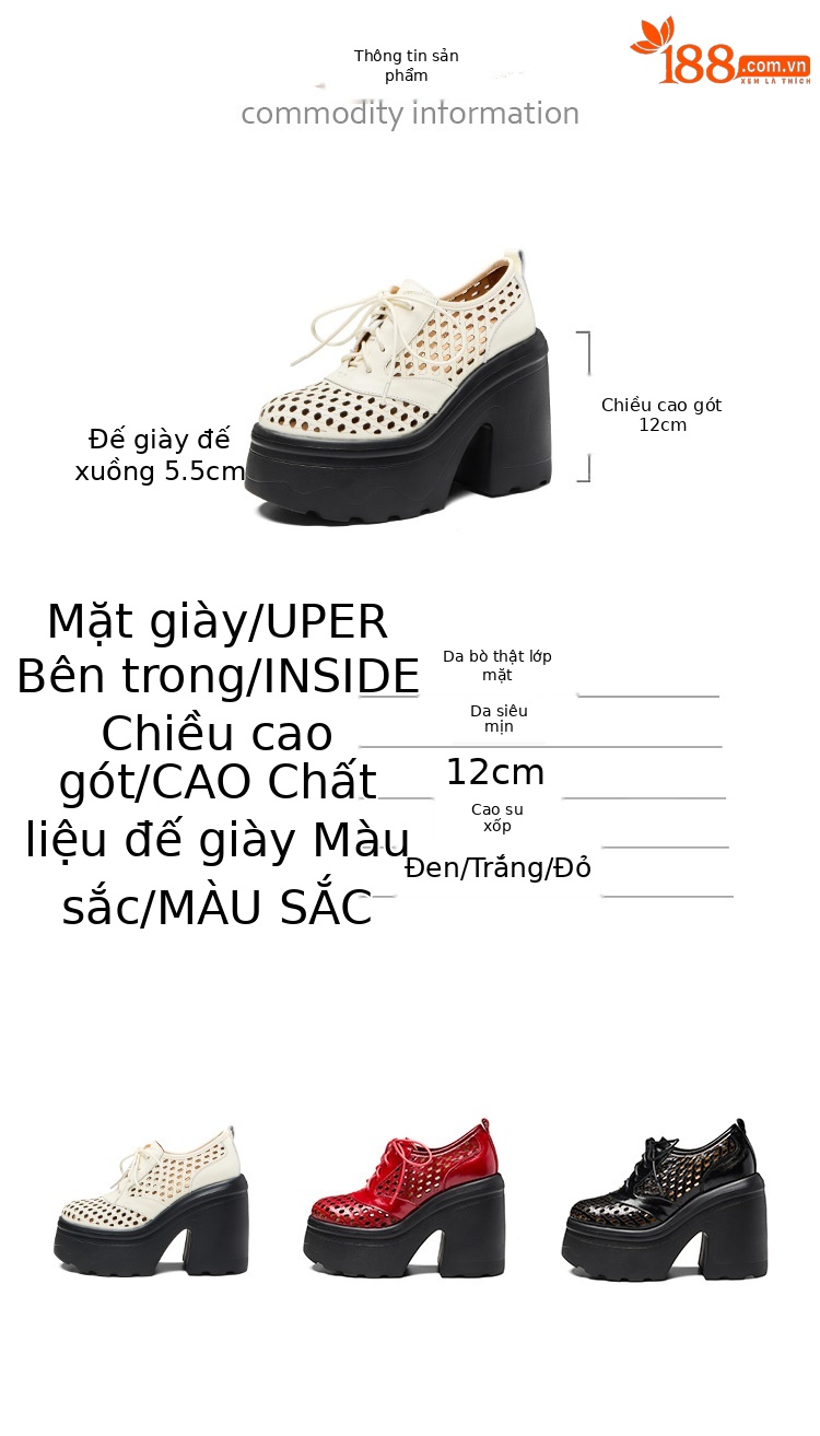 Giày loafer nữ gót cao đế xuồng platform da bò thật, phong cách hở mũi buộc dây thoáng khí — màu đen, màu trắng, màu đỏ chi tiết 4