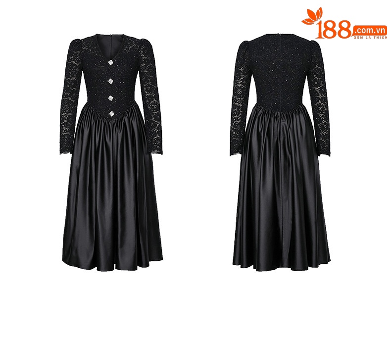 Đầm suông midi cổ V ren phối eo chữ A dáng dài — đen chi tiết 3