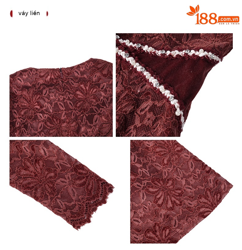 Đầm maxi nữ cổ tròn thắt eo ren mỏng dáng dài — màu đỏ chi tiết 1