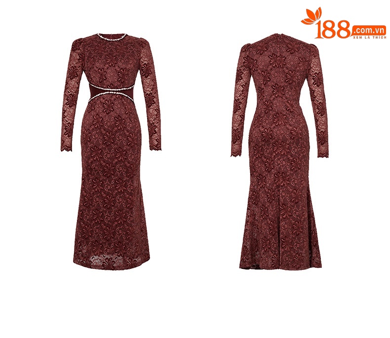 Đầm maxi nữ cổ tròn thắt eo ren mỏng dáng dài — màu đỏ chi tiết 2