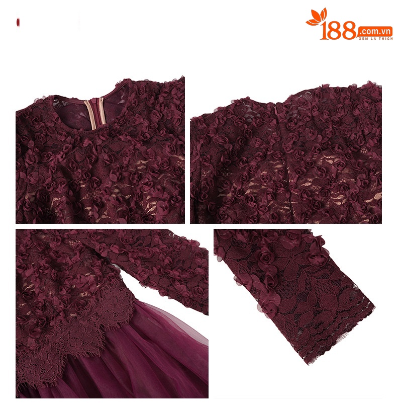 Đầm maxi nữ cổ tròn ren phối lưới thắt eo dáng dài — Thuốc lá tím chi tiết 2