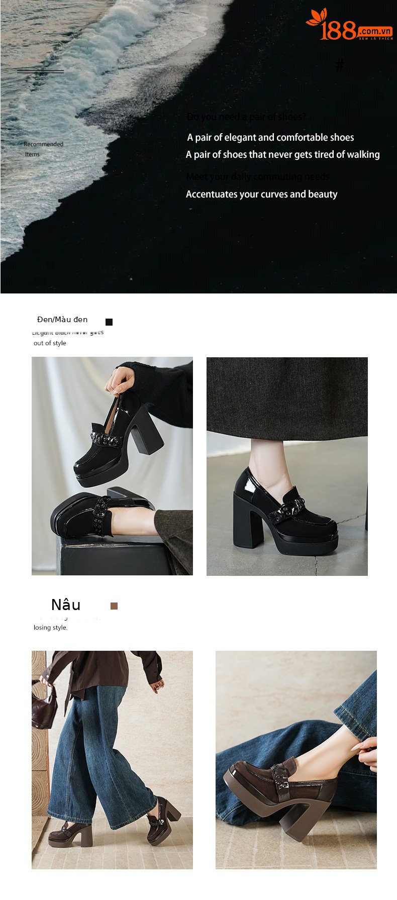 Giày loafer nữ gót vuông cao 12 cm, đế dày, khóa kim loại, phối màu — màu nâu, màu đen chi tiết 2