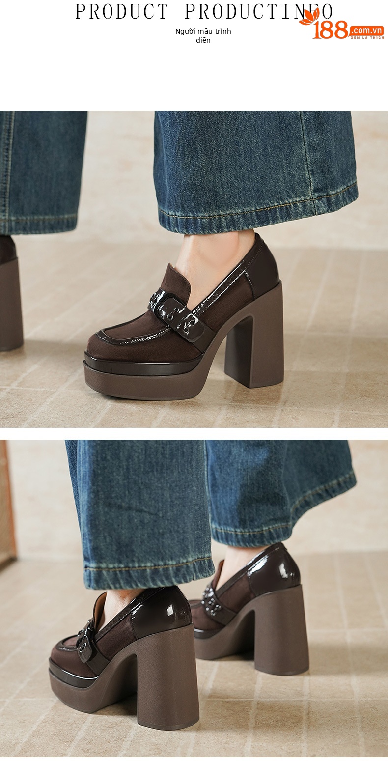Giày loafer nữ gót vuông cao 12 cm, đế dày, khóa kim loại, phối màu — màu nâu, màu đen chi tiết 3
