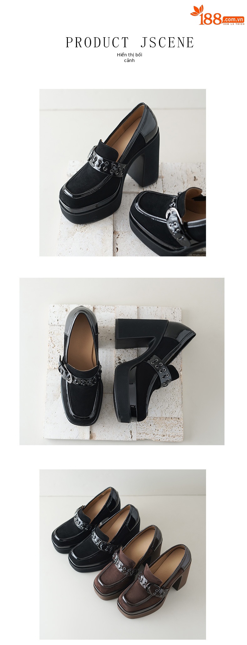 Giày loafer nữ gót vuông cao 12 cm, đế dày, khóa kim loại, phối màu — màu nâu, màu đen chi tiết 7