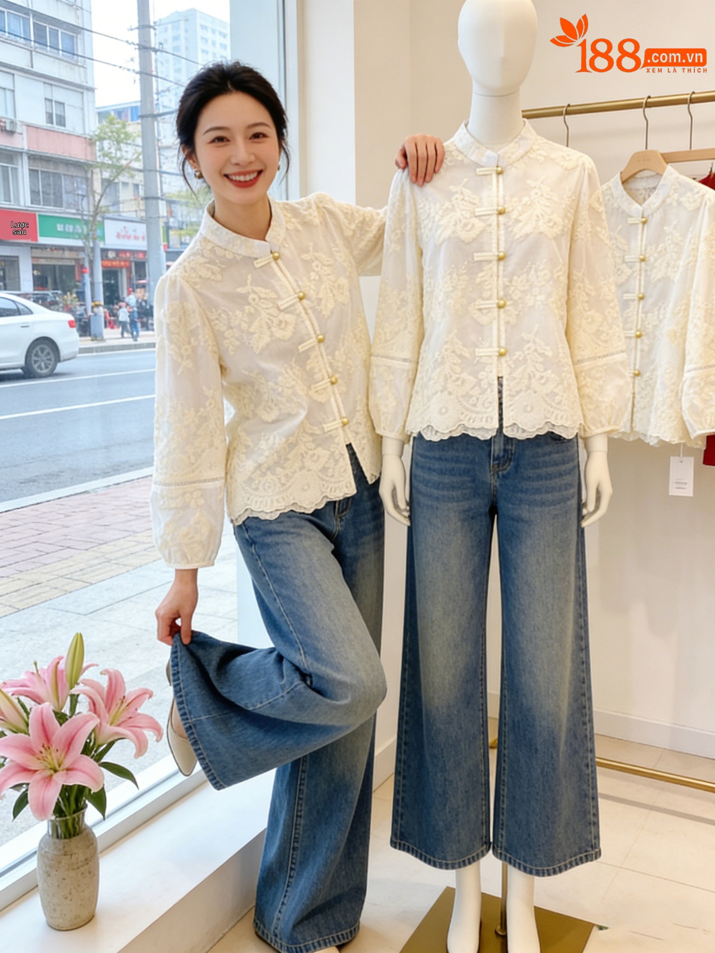 Áo sơ mi nữ dài tay phong cách Trung Hoa ren đĩa khuy tay dài — Milky với Liner