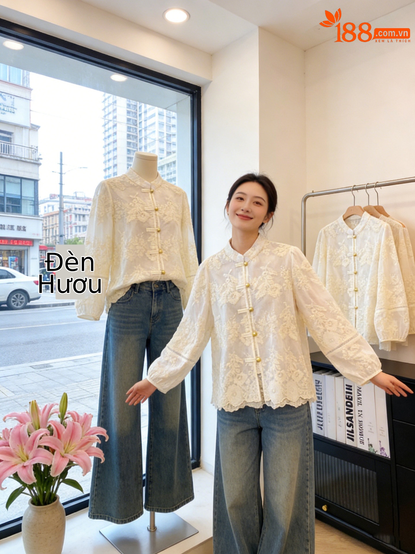 Áo sơ mi nữ dài tay phong cách Trung Hoa ren đĩa khuy tay dài — Milky với Liner chi tiết 5