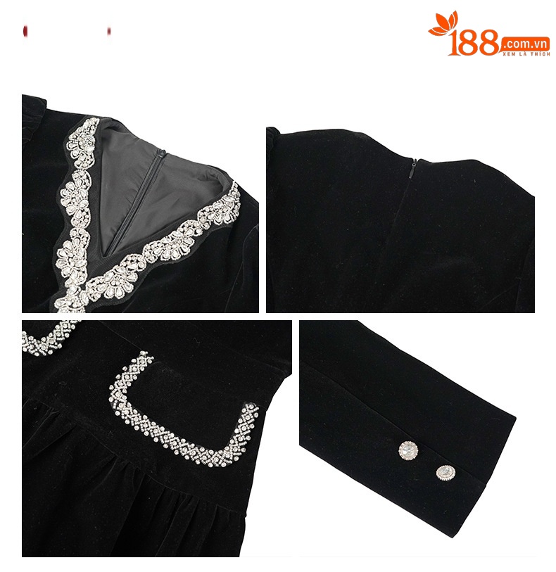 Đầm maxi nữ thắt eo cổ V đính đá nhũ vàng chất liệu nhung — đen chi tiết 2