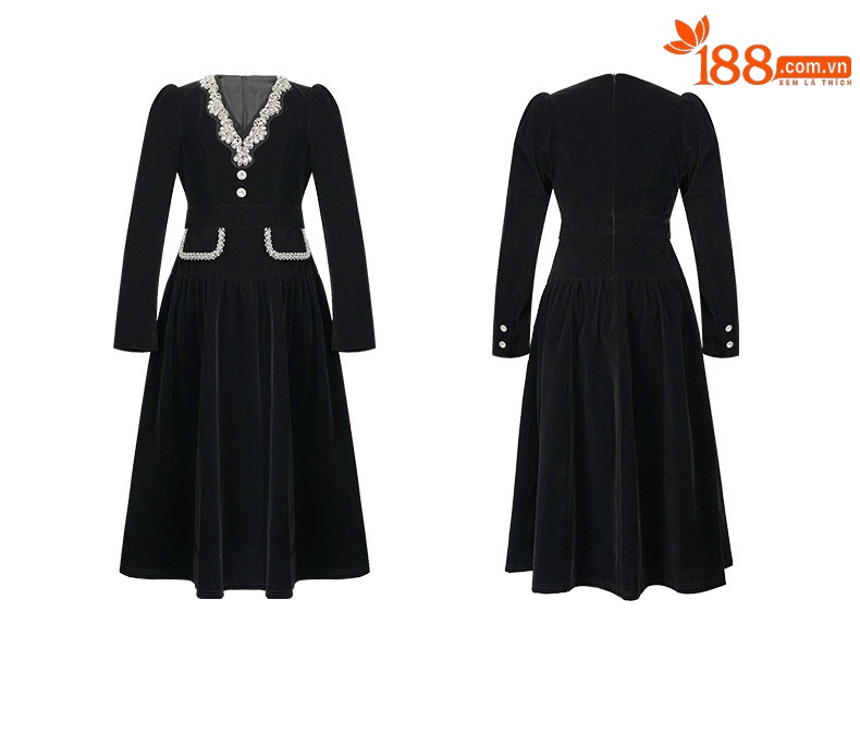 Đầm maxi nữ thắt eo cổ V đính đá nhũ vàng chất liệu nhung — đen chi tiết 3