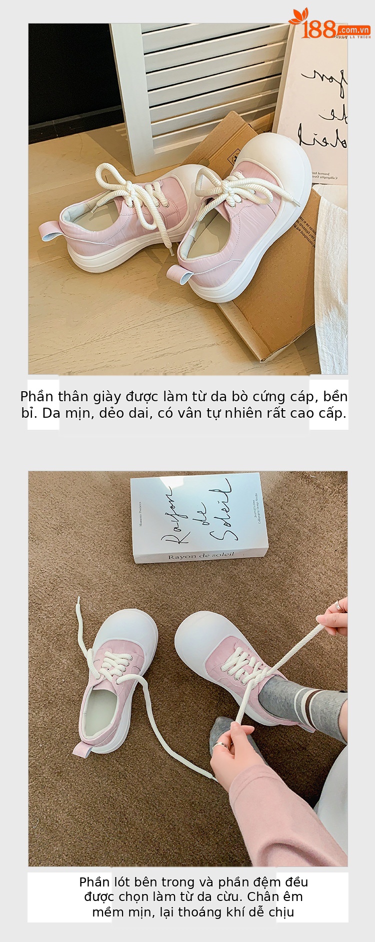 Giày sneaker nữ đế dày chunky mũi to phong cách bánh mì dây buộc tăng chiều cao — màu đen, màu hồng, màu trắng chi tiết 5