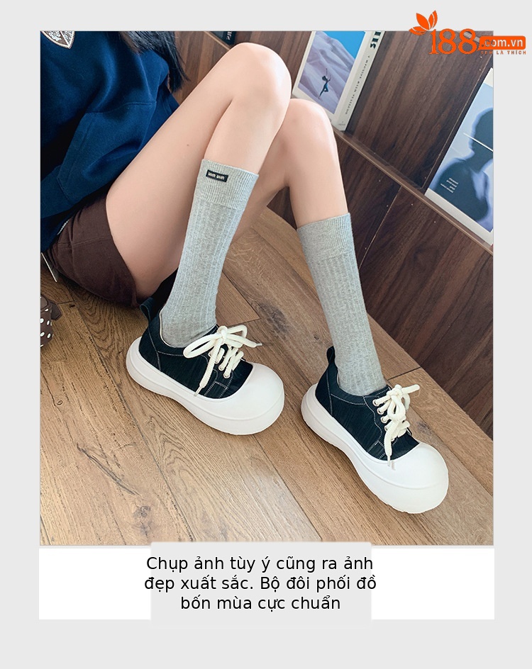Giày sneaker nữ đế dày chunky mũi to phong cách bánh mì dây buộc tăng chiều cao — màu đen, màu hồng, màu trắng chi tiết 6
