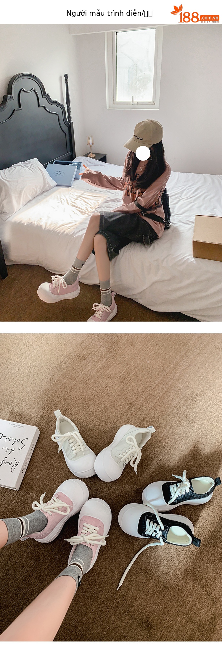 Giày sneaker nữ đế dày chunky mũi to phong cách bánh mì dây buộc tăng chiều cao — màu đen, màu hồng, màu trắng chi tiết 7
