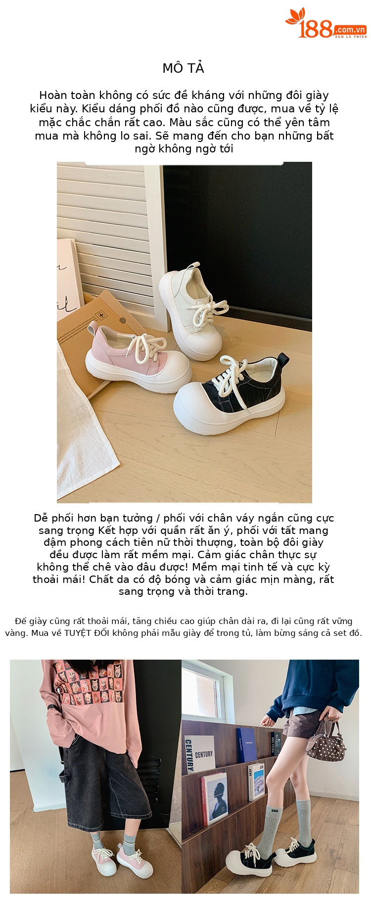 Giày sneaker nữ đế dày chunky mũi to phong cách bánh mì dây buộc tăng chiều cao — màu đen, màu hồng, màu trắng chi tiết 3